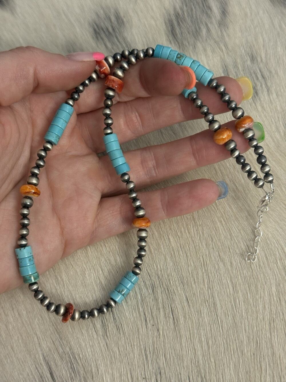 Sterling Silver Navajo Pearl Turquoise Heishi Spiny Rondelle Necklace 17.5-19.5”